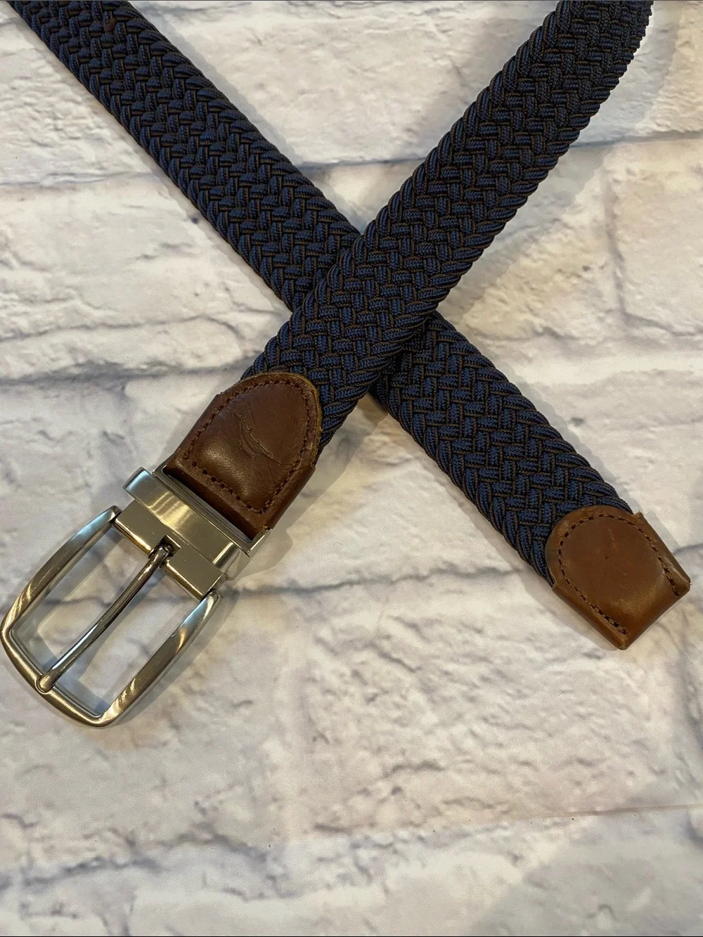 Tommy Bahama Braided Stretch Belt L/XL Leather Trim Blue & Brown